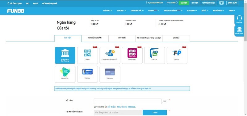 Quy trình nạp tiền Fun88 đơn giản qua ngân hàng địa phương