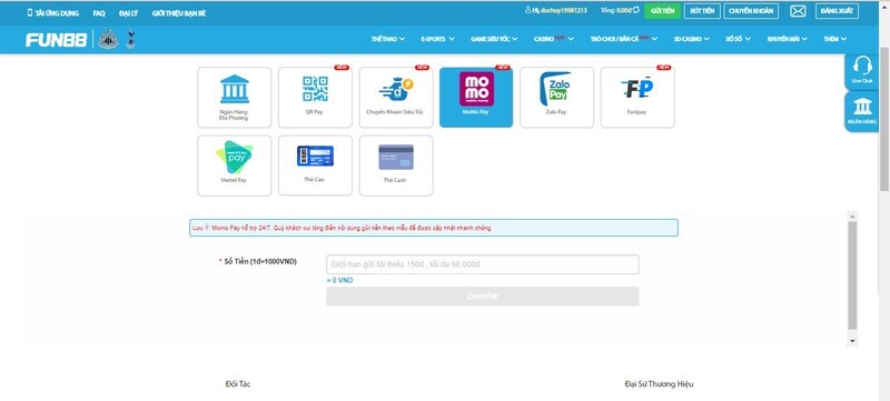 Hướng dẫn chuyển khoản nạp tiền Fun88 qua ví momo pay cho người mới